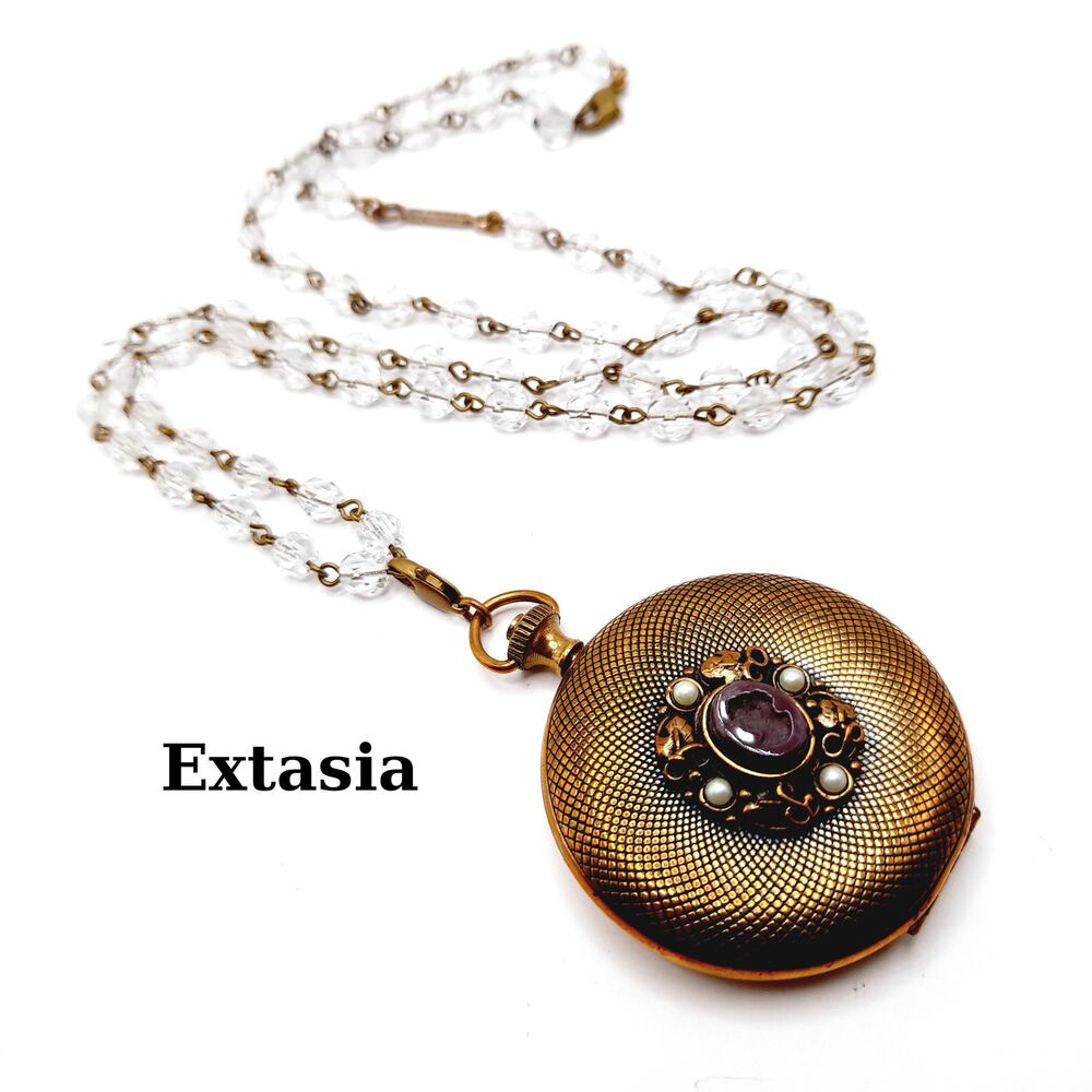 Vintage Extasia Intaglio Pocket Watch Style Locket Clear Bead Necklace